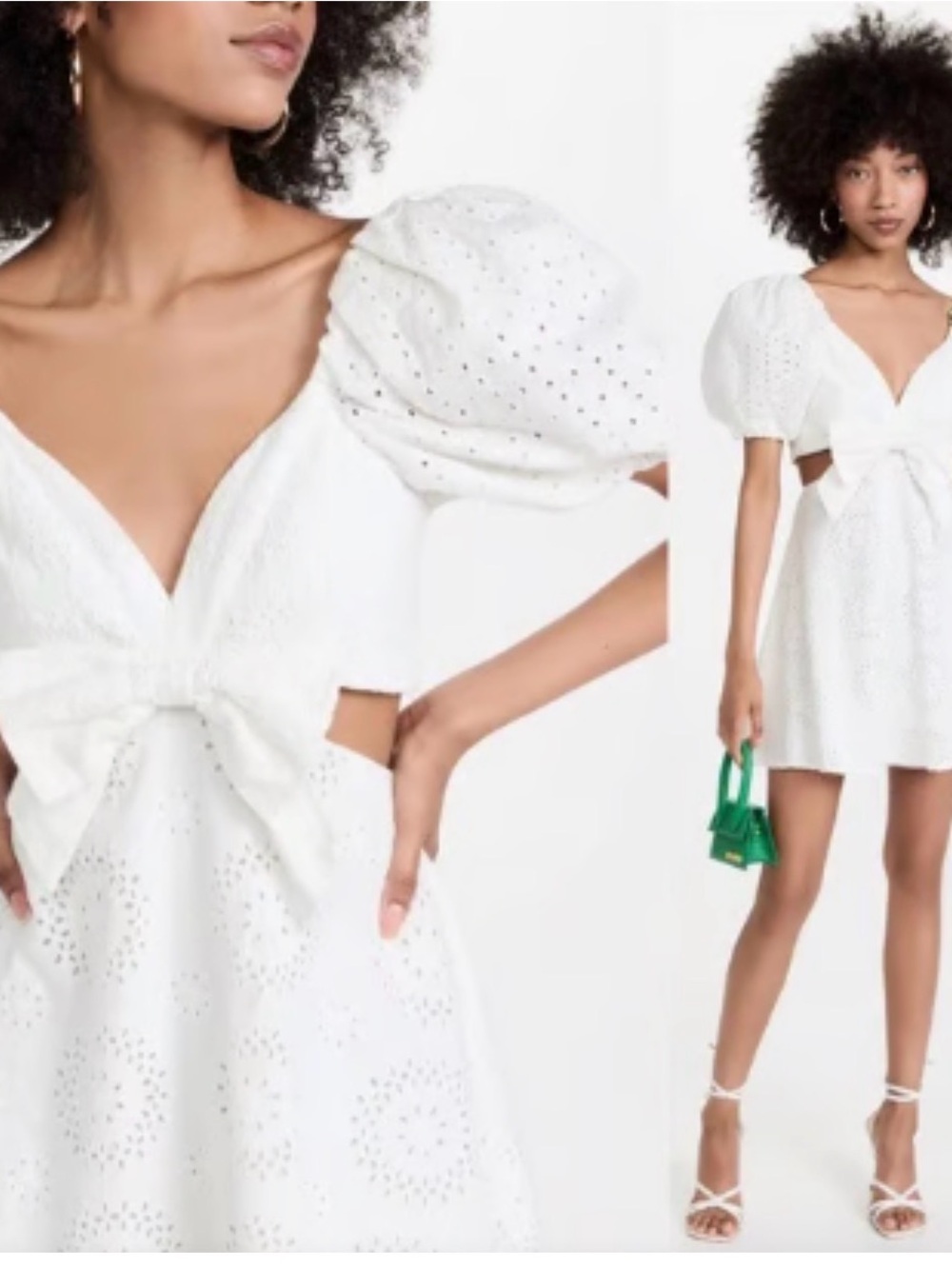 Alice + Olivia White Eyelet Puff-Sleeve Tie-Front Mini Dress